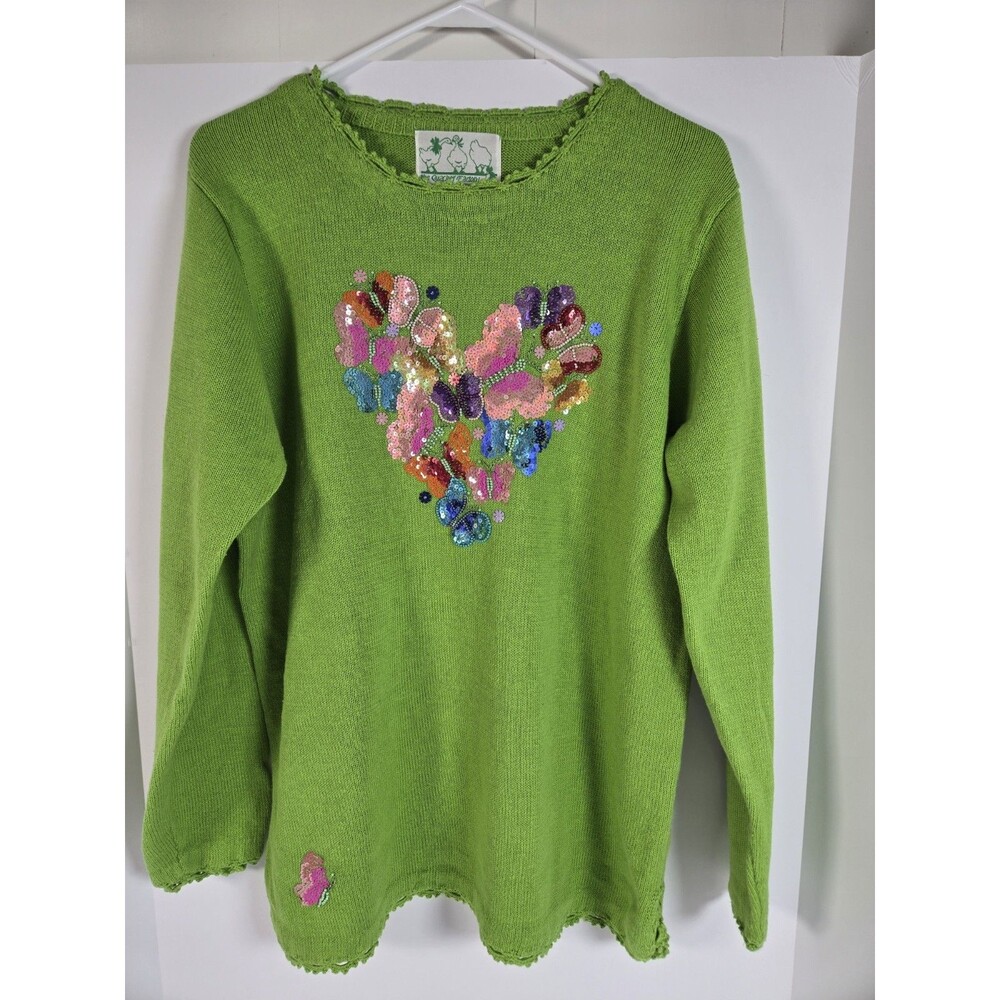 Quacker Factory Sweater Womens L Green Sequin Butterfly Heart Beaded Y2K